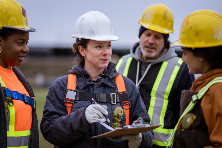 Four construction workers in safety gear gathered around a clipboard, discussing plans at a worksite.