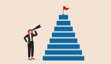 Growth step to success, visionary to see business opportunity or career path, journey to reach goal or achievement concept, smart businesswoman looking through telescope for target on top of stairway.