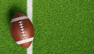 An American football on green turf next to a white line.