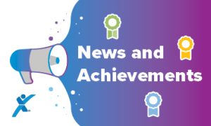 A graphic with a megaphone and the text "News and Achievements" with colored ribbons.