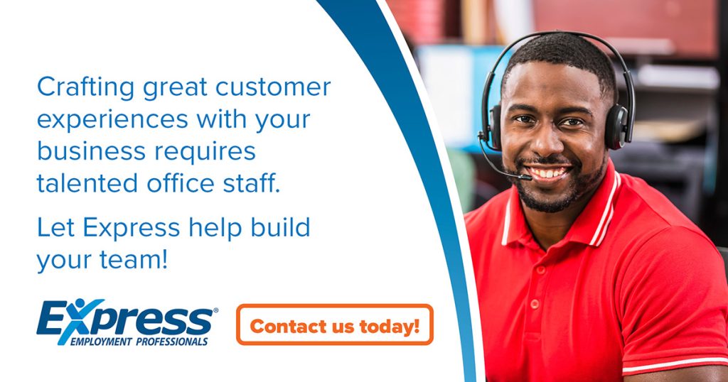 Promotional graphic with a cheerful man in a red polo shirt wearing a headset, representing office staff, with text encouraging customer experience improvement through hiring. Express Employment Professionals logo present. Text says Crafting great customer experiences with your business requires talented office staff. Let Express help build your team! Express Employment Professionals Contact us today! 