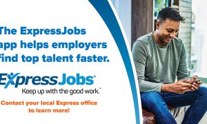 Promotional image with text about the ExpressJobs app, featuring a cheerful man using a smartphone on a leather seat indoors. Image Text says The ExpressJobs app helps employers find top talent faster. Express Jobs, Keep up with the good work. Contact your local Express office to learn more!