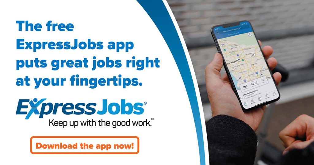 Graphic ad showing a person’s hand holding a smartphone running an employment app with a map of Los Angeles and a job listing for a VP Compliance Officer, alongside text promoting the ExpressJobs app facilitating fast talent acquisition for employers.
Text in Image says The ExpressJobs app helps employers find top talent faster. Express Jobs, Keep up with the good work. Contact your local Express office to learn more!
