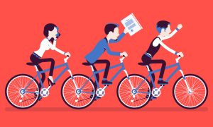 Three illustrated figures riding bicycles, each engaged in a different activity against a red background.