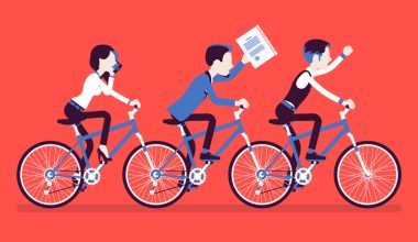 Three illustrated figures riding bicycles, each engaged in a different activity against a red background.