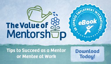 Digital ad for an eBook titled "The Value of Mentorship" with a watering can illustration, promoting tips for mentors and mentees. Text reads "Download Today!"