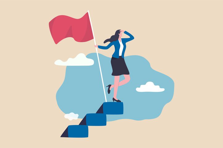 Illustration of a woman standing on floating steps holding a red flag against a background of blue sky and clouds.