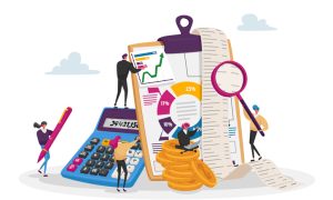 An illustration of financial analysis with charts, a calculator, coins, and tiny people interacting with them.