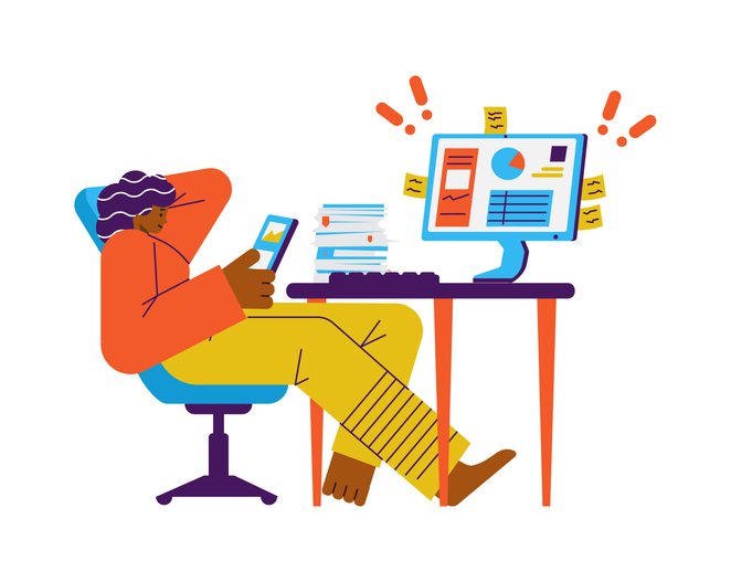 Illustration of a person lounging with a smartphone at a desk with a computer displaying graphs.