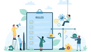 Illustration of a rules checklist with people, a balance scale, and decorative elements.