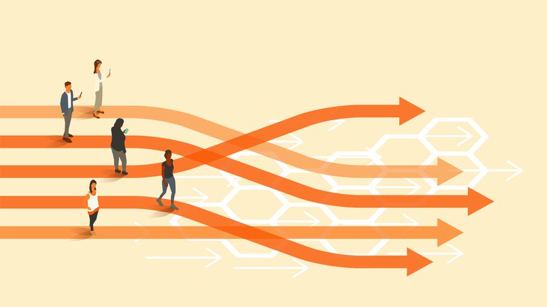 An illustration of people walking along large orange arrows on a beige background with hexagonal patterns.