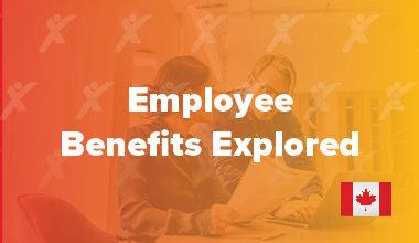 Two individuals discussing documents with the text 'Employee Benefits Explored' and a Canadian flag graphic.