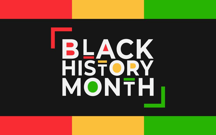 Black History Month text on a black background with red, yellow, and green accents.