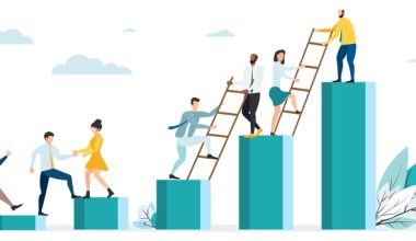 Illustration of people climbing increasing bar chart columns and using ladders to help one another up.