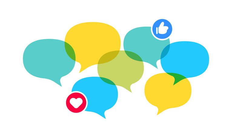 A cluster of colorful speech bubbles with heart and thumbs-up icons.