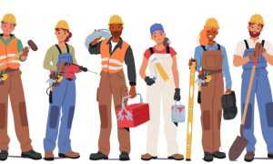 Illustration of ten diverse construction workers in colorful outfits holding various tools, all wearing yellow hard hats.