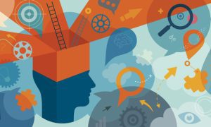 An abstract illustration featuring a human head silhouette with an open top, from which various symbols and icons emerge. These include gears, ladders, magnifying glasses, arrows, speech bubbles, and puzzle pieces. The background is filled with additional gears, clouds, and mathematical symbols.