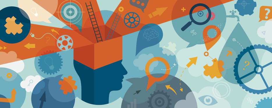 An abstract illustration featuring a human head silhouette with an open top, from which various symbols and icons emerge. These include gears, ladders, magnifying glasses, arrows, speech bubbles, and puzzle pieces. The background is filled with additional gears, clouds, and mathematical symbols.