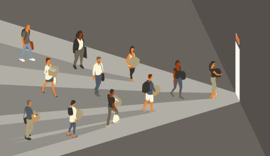 11 people walk through a large, dark room towards the exit door, which lights up the scene in a dramatic way. People carry boxes and various bags, indicating that they are relocating or have been laid off from work. Vector illustration uses a limited palette of flat colors and is presented in a 16x9 format.