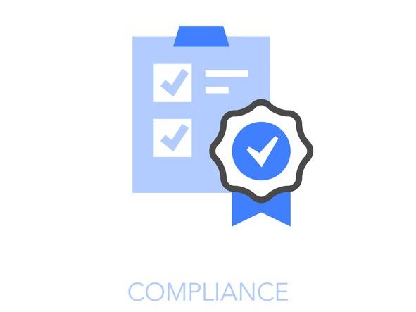 The image displays a light blue icon featuring a clipboard with completed checklist items and a dark blue and white circular badge with a checkmark, all beneath the word "COMPLIANCE," signifying verification or certification.