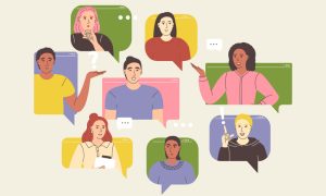 Illustration of eight diverse individuals in colorful chat bubbles, each with unique expressions and gestures.