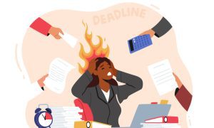 Illustration of a Black woman sitting at a cluttered desk with flames coming from her head, surrounded by hands holding work items, symbolizing stress and looming deadlines.