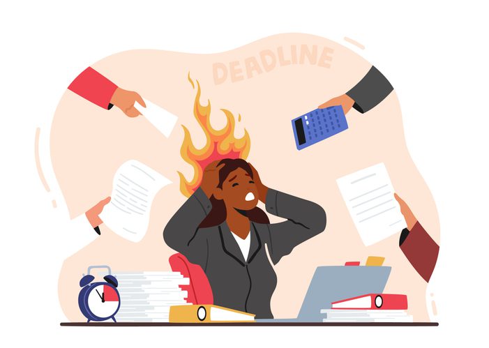 Illustration of a Black woman sitting at a cluttered desk with flames coming from her head, surrounded by hands holding work items, symbolizing stress and looming deadlines.