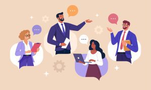 Four business professionals engaged in a collaborative discussion, with speech bubbles and gear icons symbolizing teamwork and communication.