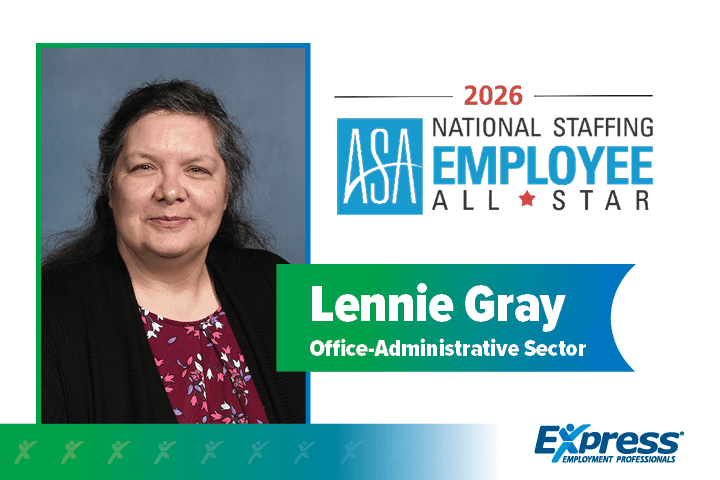 Graphic with a portrait of ASA National Staffing All-Star Lennie Gray. It says "2026 National Staffing Employee All Star. Lennie Gray. Office-Administrative Sector."