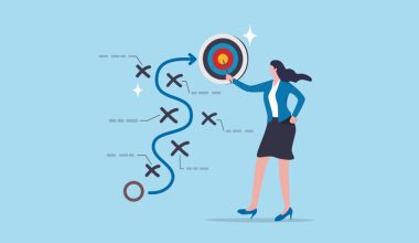 Business professional pointing to a bullseye target, illustrating strategic planning and goal achievement with a winding path and markers.