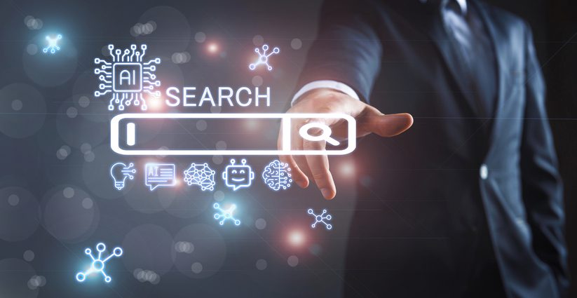 A person in a suit interacts with a virtual search bar surrounded by AI icons on a futuristic dark background.