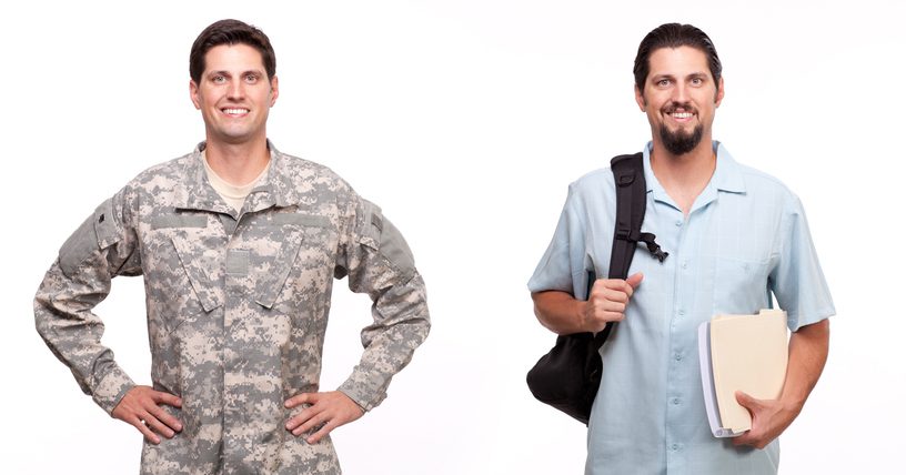 A smiling military member and civilian stand side by side, each holding work materials against a white background.