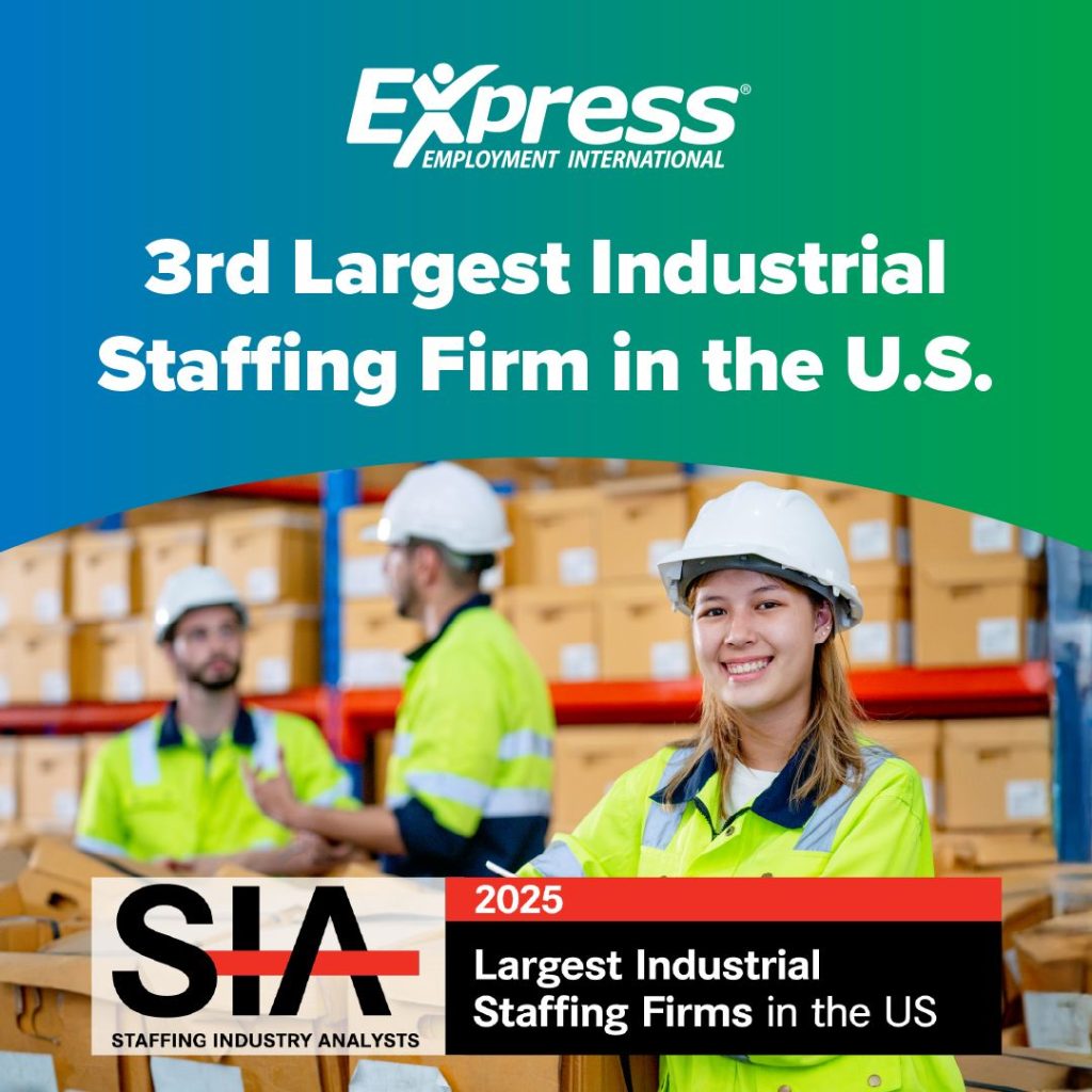 Photo of three workers in a warehouse wearing high-visibility yellow safety jackets and white hard hats, standing near shelves stacked with cardboard boxes. The top section of the image has a green and blue gradient background with the Express Employment International logo and text: “3rd Largest Industrial Staffing Firm in the U.S.” At the bottom, there is a Staffing Industry Analysts (SIA) logo with a red banner labeled “2025” and text: “Largest Industrial Staffing Firms in the US.”