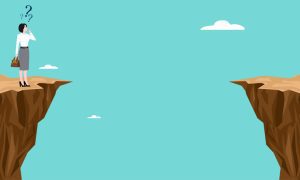 Illustration of a woman standing on the edge of a cliff holding a handbag, wearing a white top and gray skirt with black shoes. She has short dark hair and is shown with question marks above her head, indicating confusion. There is a large gap between two cliffs, with the other side empty. The background is light blue with a few white clouds.