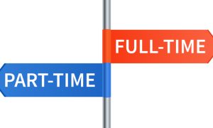 Directional signpost with two arrows pointing in opposite directions—left arrow is blue and labeled "PART-TIME," right arrow is red and labeled "FULL-TIME"—symbolizing a choice between part-time and full-time employment.
