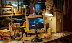 Photo of a cluttered desk with a retro computer setup. The CRT monitor displays a pixelated space-invader-style game with the text “Your score: 388” at the top. A sticker on the monitor reads “STAY ALERT!”. The desk has a joystick, keyboard, notebooks, pens in holders, sticky notes, a soda can, and a bowl of colorful candy. A desk lamp and small fan are attached to the computer tower. In the background, shelves with books, a radio, and a couch are visible, along with hanging clothes and a refrigerator.