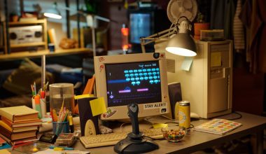 Photo of a cluttered desk with a retro computer setup. The CRT monitor displays a pixelated space-invader-style game with the text “Your score: 388” at the top. A sticker on the monitor reads “STAY ALERT!”. The desk has a joystick, keyboard, notebooks, pens in holders, sticky notes, a soda can, and a bowl of colorful candy. A desk lamp and small fan are attached to the computer tower. In the background, shelves with books, a radio, and a couch are visible, along with hanging clothes and a refrigerator.