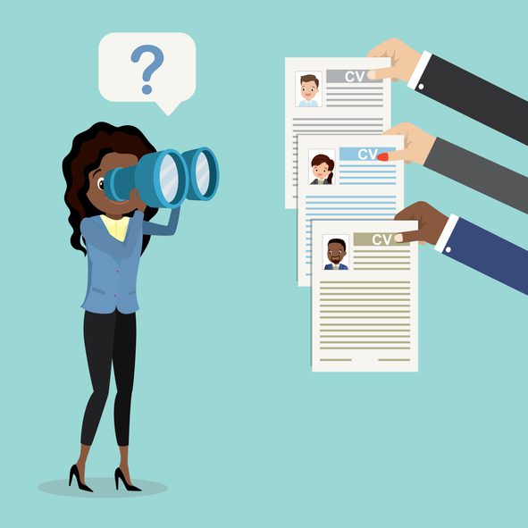 Illustration of a black woman in business attire holding binoculars with a question mark above their head, looking at three hands presenting CVs with profile pictures. The background is light blue.