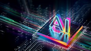 A colorful, glowing “AI” chip sits on top of a digital circuit board, representing advanced artificial intelligence technology.