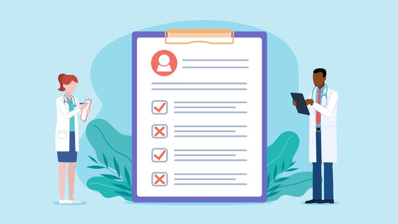 Illustrated healthcare professionals reviewing a large checklist on a clipboard, representing the evaluation of employee classification forms such as 1099 and W‑2.