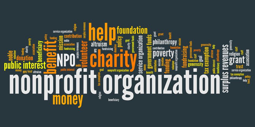 Word cloud centered around the theme of nonprofit organizations, featuring prominent terms like "nonprofit," "organization," "charity," "volunteer," "donation," "foundation," "philanthropy," "public interest," "grant," "trust," "tax exemption," and "surplus revenues," visually emphasizing the values and functions of nonprofit entities.
