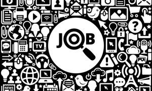 Black and white illustration centered around the word "JOB," with the "O" stylized as a magnifying glass. Surrounding icons represent technology, communication, media, and business, including computers, mobile phones, email, social media, gears, light bulbs, microphones, and people—symbolizing the interconnected digital landscape of modern job searching.