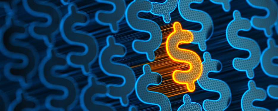 A glowing orange dollar sign stands out among a pattern of blue dollar signs on a dark background, symbolizing financial focus or standout value.