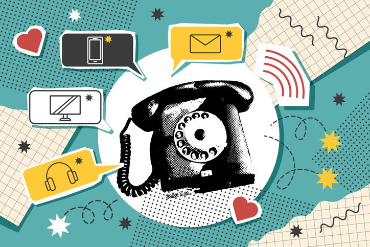 Illustration of a vintage rotary telephone surrounded by colorful speech bubbles containing icons for a smartphone, email envelope, computer monitor, headphones, and sound waves. The background features playful shapes, hearts, and textured patterns.