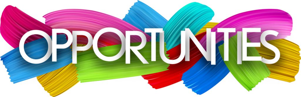 Bold white text reading “OPPORTUNITIES” is centered over a vibrant background of overlapping multicolored paint strokes in pink, blue, green, red, yellow, and turquoise, creating an energetic and optimistic visual.