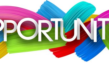 Bold white text reading “OPPORTUNITIES” is centered over a vibrant background of overlapping multicolored paint strokes in pink, blue, green, red, yellow, and turquoise, creating an energetic and optimistic visual.