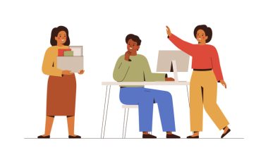 Illustration of three people in an office setting: a woman in a yellow top and brown skirt holding a box of folders, a man in a green shirt and blue pants sitting at a desk with a computer, and a woman in a red top and yellow pants standing beside him with one arm raised as if explaining something.