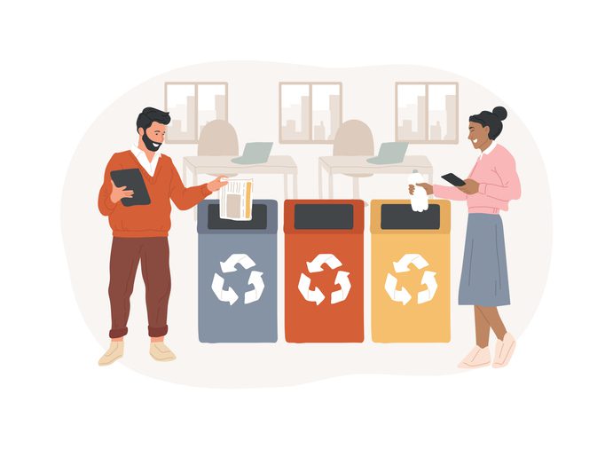 Illustration of a man in a red sweater and brown pants holding a tablet and placing papers into a blue recycling bin, alongside a woman in a pink top and blue skirt holding a phone and throwing a tissue into a yellow bin. Three bins—blue, red, and yellow—each display a white recycling symbol, set in an office with desks and laptops in the background.
