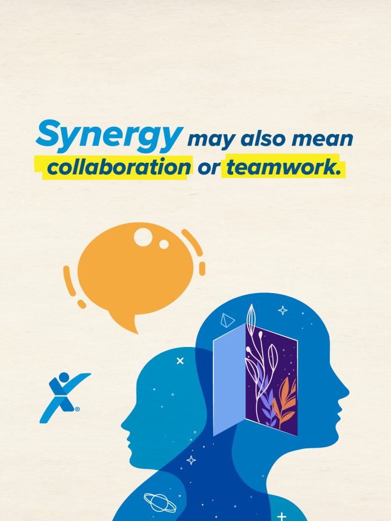 Illustration of two overlapping human silhouettes in shades of blue, one with an open door showing colorful abstract plants. A large orange speech bubble appears above. Text reads: “Synergy may also mean collaboration or teamwork.” Express Employment Professionals logo at bottom left.