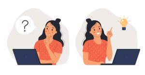 A digital illustration showing two scenes of a woman with long dark hair sitting at a laptop. In the first scene, she wears an orange patterned shirt and rests her chin on her hand with a question mark displayed beside her. In the second scene, she raises one finger as a lit lightbulb appears above her, suggesting an idea.